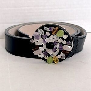 Talbots black leather belt with a circular buckle adorned with gemstones large